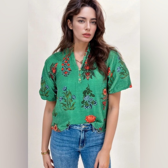 Evereve THML Womens Large Green Puff Sleeve Floral Boho Shirt - Picture 1 of 7